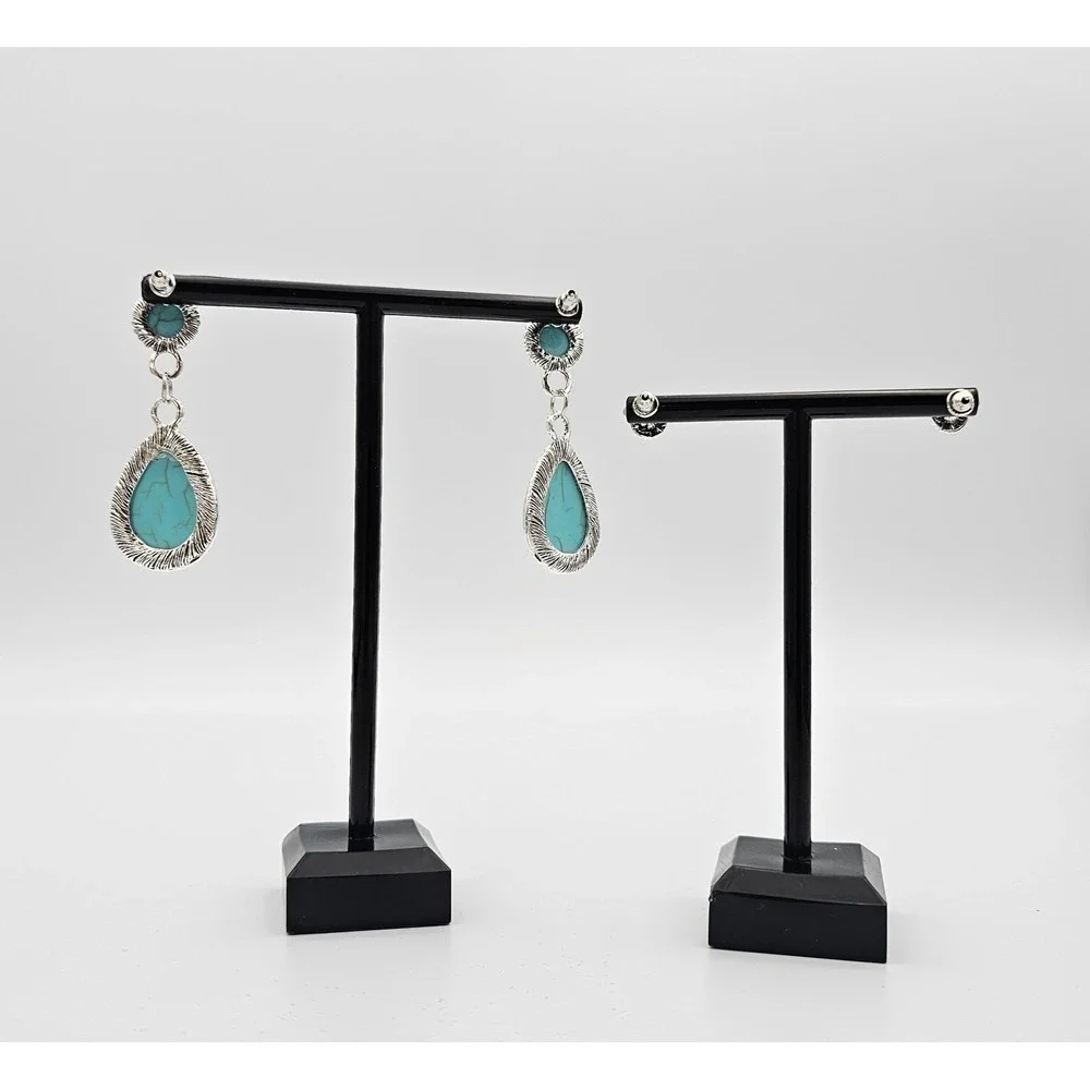 SILVER TONE TURQUOISE TEARDROP DANGLE &‎ STUD EARRING SET Boho Western Pair